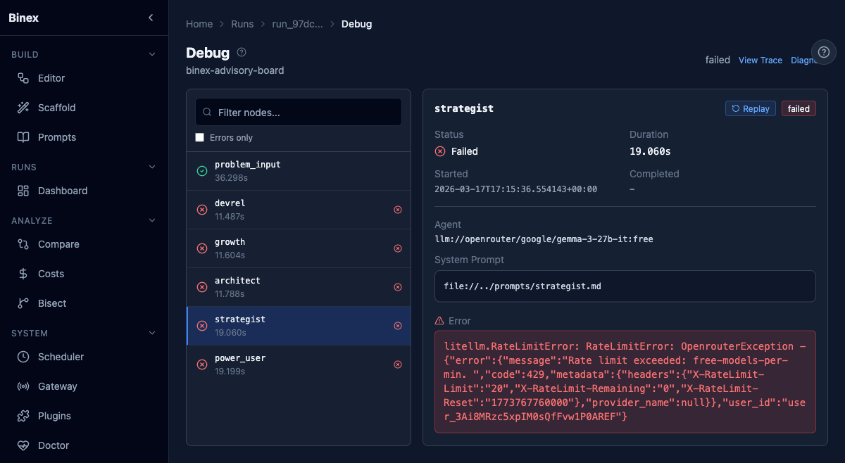 Binex Web UI Debug — failed run with RateLimitError, node-by-node error inspection