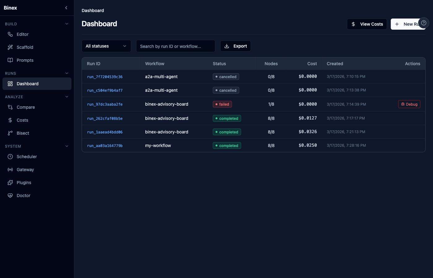 Binex Web UI Dashboard — runs with status, cost, node count
